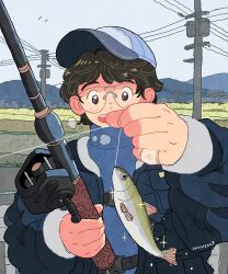 Rule 34 | 1boy, 2023, artist name, aviator eyewear, belt, black belt, black eyes, black hair, black jacket, blue headwear, blue shirt, breath, buckle, cityscape, commentary request, day, fish, fishing rod, glasses, highres, holding, holding fishing rod, holding string, jacket, long sleeves, looking at animal, male focus, mountainous horizon, onoconokoko0625, open clothes, open jacket, open mouth, original, outdoors, power lines, retro artstyle, rice paddy, rimless eyewear, shirt, short hair, simple bird, sky, snap-fit buckle, solo, sparkle, string, teeth, transformer, turtleneck, upper body, upper teeth only, utility pole, white headwear, white sky