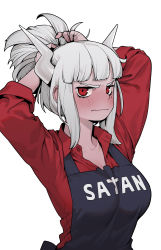 Rule 34 | 1girl, absurdres, apron, arms up, black apron, blunt bangs, blush, bunching hair, clothes writing, commentary, demon girl, demon horns, dress shirt, helltaker, highres, horns, long sleeves, looking at viewer, lucifer (helltaker), mole, mole under eye, ponytail, red eyes, red shirt, shirt, short hair, simple background, solo, stardown95, tying hair, upper body, white background, white hair, white horns