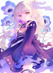 Rule 34 | 1girl, black dress, blonde hair, blunt bangs, braid, breasts, cleavage cutout, closed mouth, clothing cutout, commission, cowboy shot, dress, floral background, flower, hair bun, highres, holding, holding flower, indie virtual youtuber, komomo (2899), long hair, long sleeves, looking at viewer, puffy long sleeves, puffy sleeves, purple dress, purple flower, signature, skeb commission, sleeves past wrists, small breasts, smile, solo, thighhighs, very long hair, white background, white thighhighs, wide sleeves, yellow eyes