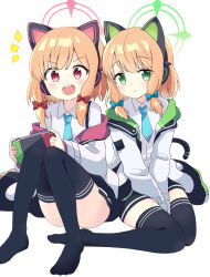 Rule 34 | 2girls, animal ear headphones, animal ears, black thighhighs, blonde hair, blue archive, bow, cat ear headphones, commentary request, fake animal ears, green eyes, hair bow, halo, handheld game console, headphones, highres, holding, holding handheld game console, jacket, long sleeves, looking at viewer, massala, midori (blue archive), momoi (blue archive), multiple girls, nintendo switch, open mouth, red bow, red eyes, short hair, siblings, simple background, sisters, sitting, thighhighs, twins, white background, white jacket