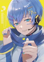 Rule 34 | 1boy, ashika (yftcc948), blue eyes, blue hair, blue nails, blue scarf, character name, coat, hair ornament, hairpin, happy birthday, headphones, headset, highres, kaito (vocaloid), looking at viewer, male focus, nail polish, scarf, see-through, short hair, smile, solo, star tattoo, tattoo, teeth, vocaloid, yellow background