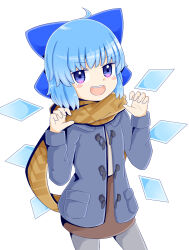 Rule 34 | 1girl, :d, ahoge, alternate costume, blue coat, blue hair, blue scarf, blush stickers, bow, cirno, claw pose, coat, contrapposto, flat chest, hands up, highres, ice, ice wings, open mouth, orange scarf, pantyhose, petite, plaid, plaid scarf, rozugadena, scarf, short hair, simple background, smile, solo, teeth, touhou, upper teeth only, white background, wings, winter clothes