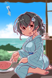 Rule 34 | 1girl, alternate costume, artist logo, barefoot, black hair, blue kimono, blue sky, blurry, blurry background, breasts, cloud, dated, folded ponytail, food, from side, fruit, hair ornament, hairclip, highres, horizon, japanese clothes, jingei (kancolle), kantai collection, kimono, kutone shirika, large breasts, long hair, looking at viewer, low ponytail, ocean, plate, red eyes, seiza, shouji, sitting, sky, sliding doors, solo, striped clothes, striped kimono, watermelon, watermelon slice, whale hair ornament, wind chime, wooden floor, yukata