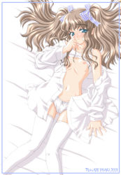 Rule 34 | 1girl, bed, blue eyes, blush, bra, bra lift, breasts, cameltoe, dress shirt, flat chest, hair ribbon, lingerie, long hair, lying, navel, nipples, off shoulder, on back, open clothes, open shirt, panties, plaid, ribbon, sasaki tamaru, shirt, silver hair, solo, thighhighs, twintails, underwear, white panties, white thighhighs
