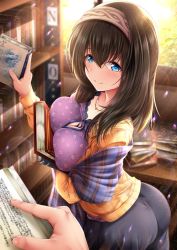 Rule 34 | 1girl, arched back, ass, bad id, bad twitter id, black hair, blue eyes, blush, book, bookshelf, breast press, breasts, cleavage, collarbone, commentary request, floral print, garana, hair between eyes, hairband, highres, hip focus, holding, holding book, idolmaster, idolmaster cinderella girls, jewelry, large breasts, light particles, light rays, long hair, looking at viewer, necklace, orange sweater, purple shirt, purple skirt, ribbed sweater, sagisawa fumika, shawl, shirt, skirt, smile, solo focus, sweater