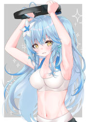 Rule 34 | 1girl, absurdres, ahoge, alternate costume, alternate hairstyle, armpits, arms up, blue hair, blush, breasts, cleavage, commentary request, flower, grey background, hair flower, hair ornament, highres, hololive, large breasts, long hair, looking at viewer, md5 mismatch, moizumi shipon, open mouth, resolution mismatch, ring fit adventure, simple background, solo, source smaller, sweat, virtual youtuber, yellow eyes, yukihana lamy