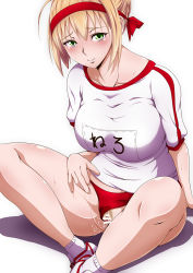 Rule 34 | 10s, 1girl, bad id, bad pixiv id, bar censor, blonde hair, blush, braid, braided bun, breasts, buruma, censored, closed mouth, clothing aside, collarbone, commentary request, fate/extra, fate/grand order, fate (series), female pubic hair, green eyes, gym uniform, hair bun, hairband, highres, jyouden, large breasts, name tag, nero claudius (fate), nero claudius (fate) (all), nero claudius (fate/extra), nero claudius (olympian bloomers) (fate), official alternate costume, panties, panties aside, pubic hair, pussy, pussy juice, pussy juice trail, red buruma, shirt, shoes, sidelocks, sitting, sneakers, socks, solo, sweat, underwear, white shirt, white socks