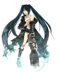 Rule 34 | 10s, 1girl, arm cannon, bad id, bad pixiv id, black hair, black rock shooter, black rock shooter (character), blue eyes, female focus, full body, hatsune miku, iaki mochiko, midriff, navel, simple background, solo, tears, twintails, vocaloid, weapon
