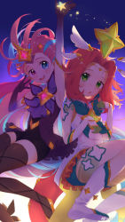Rule 34 | 2girls, :o, absurdres, armpits, blue background, blue eyes, gradient background, green eyes, harrybeace, heterochromia, highres, league of legends, long hair, looking at viewer, magical girl, multicolored hair, multiple girls, neeko (league of legends), pink eyes, pink hair, smile, star guardian (league of legends), star guardian neeko, star guardian zoe, tagme, thighhighs, v, very long hair, zoe (league of legends)