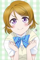 Rule 34 | 1girl, aqua bow, artist name, artist request, blue bow, blush, bow, bowtie, breasts, brown hair, clenched hands, close-up, collared shirt, dress, female focus, hair between eyes, highres, koizumi hanayo, love live!, love live! school idol project, otonokizaka school uniform, parted lips, purple eyes, school uniform, shirt, short hair, short sleeves, small breasts, smile, solo, sparkle-shaped pupils, striped, striped bow, sweater vest, upper body, v-shaped eyebrows, vest, white shirt, yellow vest, zero-theme, zero 0w0
