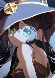 absurdres black_choker blue_bow blue_eyes blue_hat bow breasts brown_hair choker genshin_impact green_eyes hair_between_eyes hat hat_bow heterochromia highres long_hair looking_at_viewer medium_breasts mona_(genshin_impact) mouth_hold multicolored_hair sideboob silver_hair sleeveless solo starlan twintails two-tone_hair