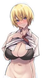 Rule 34 | 1girl, black bra, blonde hair, blush, bottomless, bra, breasts, brll, cleavage, closed mouth, clothes lift, embarrassed, head tilt, highres, large breasts, looking at viewer, navel, necktie, one-hour drawing challenge, original, purple eyes, red necktie, school uniform, shirt, shirt lift, short hair, simple background, solo, underwear, white background, white shirt