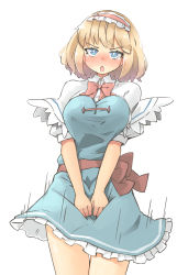 Rule 34 | 1girl, :o, alice margatroid, arnest, bad id, bad twitter id, blonde hair, blue dress, blue eyes, blush, bow, breasts, capelet, dress, hairband, highres, large breasts, lolita hairband, open mouth, puffy short sleeves, puffy sleeves, red bow, red hairband, red neckwear, sash, short hair, short sleeves, simple background, solo, tears, touhou, white background, white capelet