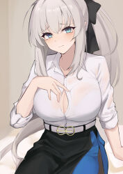 Rule 34 | 1girl, absurdres, aqua eyes, arm at side, belt, bingzhi juzi, black bow, black skirt, blush, bow, bra, breasts, button gap, cleavage, closed mouth, collared shirt, cowboy shot, embarrassed, eyelashes, fate/grand order, fate (series), furrowed brow, grey hair, hair between eyes, hair bow, hand on own chest, hand up, head tilt, highres, large breasts, long hair, looking at viewer, morgan le fay (chaldea satellite station) (fate), morgan le fay (fate), multicolored clothes, multicolored skirt, ponytail, see-through, see-through shirt, shirt, sidelocks, sitting, skirt, solo, underwear, very long hair, white belt, white bra, white shirt
