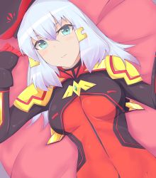 Rule 34 | 1girl, annoyed, aqua eyes, armor, bad id, bad pixiv id, bed, bed sheet, blush, bodysuit, breasts, brooch, covered navel, crop top, dutch angle, female focus, from above, gloves, gundam, gundam exa, gundam extreme vs. maxi boost, hair between eyes, hair ornament, hairclip, hat, highres, indoors, jewelry, kuro mushi, large breasts, long hair, looking at viewer, lying, on back, on bed, open clothes, pauldrons, pilot suit, serious, shoulder armor, silver hair, solo, sthesia awar, sthesia awar acht, turtleneck, upper body