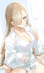 Rule 34 | 1girl, alternate costume, artist name, asuna (blue archive), blue archive, blue eyes, blush, breasts, cleavage, collarbone, commentary, fingernails, hair over one eye, haruri, highres, indoors, large breasts, light brown hair, long hair, looking at viewer, mole, mole on breast, nail polish, naked shirt, no halo, one eye covered, oversized clothes, oversized shirt, shirt, sitting, smile, soles, solo, toes, very long hair, wariza, white shirt