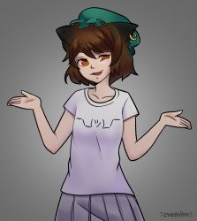 Rule 34 | 1girl, absurdres, animal ears, bad id, bad tumblr id, brown hair, cat ears, chen, cheshikk, earrings, emoticon, green hat, grey background, hat, hat ribbon, highres, jewelry, looking at viewer, open mouth, ribbon, shirt, short hair, single earring, skirt, smile, smug, solo, t-shirt, touhou, w arms