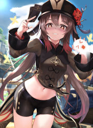Rule 34 | 1girl, absurdres, black coat, black hat, black shorts, blue sky, blush, breasts, brown hair, card, coat, coattails, flower, genshin impact, ghost, grin, hat, hat flower, highres, holding, holding card, hu tao (genshin impact), long hair, long sleeves, looking at viewer, navel, paid reward available, plum blossoms, red eyes, scenery, shaded face, short shorts, shorts, skai kun, sky, small breasts, smile, solo, symbol-shaped pupils, talisman, thighs, twintails, very long hair