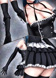 Rule 34 | 1girl, absurdres, arm at side, ass, bare shoulders, black footwear, black gloves, black skirt, black thighhighs, blue hair, boots, breasts, buttons, cleavage, closed mouth, commentary request, criss-cross halter, cross-laced footwear, double-breasted, elbow gloves, frilled gloves, frilled skirt, frills, gloves, goth fashion, halter shirt, halterneck, high heel boots, high heels, highres, idol clothes, knee boots, lace-up boots, long hair, long skirt, love live!, love live! sunshine!!, medium breasts, miniskirt, multiple views, overskirt, skirt, surv1v3-13005993, thighhighs, tsushima yoshiko, white skirt, zero escape: toki no jirenma