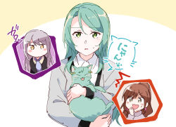 Rule 34 | 3girls, :3, animal, animalization, aqua hair, bang dream!, black jacket, blush, brown hair, cat, collared shirt, commentary request, earrings, green eyes, grey jacket, hair between eyes, hikawa hina, hikawa sayo, holding, holding animal, holding cat, imai lisa, jacket, jewelry, long hair, long sleeves, looking at viewer, minato yukina, multiple girls, necktie, open mouth, parted lips, partial commentary, pink hair, ponytail, purple necktie, shirt, siblings, sidelocks, sweatdrop, toto (sa-dosama), translation request, twins, upper body, white shirt, yellow eyes