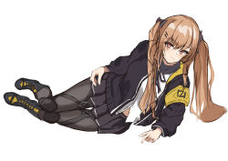 Rule 34 | 1girl, black bow, black footwear, black jacket, black pantyhose, black skirt, boots, bow, brown eyes, brown hair, closed mouth, full body, girls&#039; frontline, hair bow, highres, jacket, knee pads, long hair, long sleeves, looking at viewer, lying, on side, pantyhose, scar, scar across eye, simple background, sketch, skirt, smile, solo, spxn7787, twintails, ump9 (girls&#039; frontline), white background