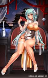 Rule 34 | 1girl, arm support, breasts, chair, china dress, chinese clothes, cleavage, dress, evening, fate/grand order, fate (series), full body, green hair, hand fan, happy new year, highres, holding, holding fan, horns, kiyohime (fate), large breasts, legs, long hair, long sleeves, looking at viewer, midnight (banyex), new year, no panties, open mouth, see-through, side slit, single horn, sitting, solo, table, thighs, very long hair, white dress, white footwear, yellow eyes