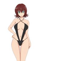Rule 34 | 1girl, bikini, breasts, brown hair, gluteal fold, green eyes, hand on own hip, highres, large breasts, looking at viewer, mikado ryouko, school nurse, short hair, solo, swimsuit, third-party edit, to love-ru, transparent background
