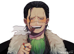 Rule 34 | 1boy, artist name, ascot, bbzico1267, black hair, cigar, coat, commentary request, crocodile (one piece), earrings, fur-trimmed coat, fur trim, green ascot, jewelry, looking at viewer, male focus, mouth hold, multiple rings, one piece, open mouth, ring, scar, short hair, signature, single earring, smile, smoke, solo, stitches, teeth