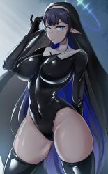 Rule 34 | 1girl, alternate costume, arm behind back, black headwear, black leotard, black thighhighs, blue archive, blue eyes, blue hair, breasts, closed mouth, covered navel, glasses, halo, hand up, highres, justina follower (blue archive), large breasts, latex, latex leotard, leotard, long hair, looking at viewer, rin (blue archive), solo, thighhighs, thighs, tyamurai33