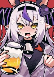 Rule 34 | 1girl, alcohol, animal ears, beer, bell, blush, cup, drooling, ear piercing, fake animal ears, grey hair, holding, holding cup, hololive, horns, hosoi kouzou, la+ darknesss, mouth drool, multicolored hair, neck bell, open mouth, piercing, pointy ears, purple hair, solo, streaked hair, upper body, virtual youtuber, yellow eyes