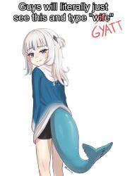 Rule 34 | 1girl, :3, aqua hair, artist name, black shorts, blue eyes, blue hair, blue hoodie, blue sleeves, blush, commentary, dot nose, english text, facing back, fins, fish tail, gawr gura, gawr gura (1st costume), gradient hoodie, gradient sleeves, hair ornament, hair over shoulder, highres, hololive, hololive english, hood, hoodie, kneepits, kurohi drw, light blue hair, long hair, looking at viewer, looking back, meme, multicolored clothes, multicolored hair, multicolored hoodie, multicolored sleeves, shark hair ornament, shark tail, short twintails, shorts, smug, solo, stitched tail, tail, twintails, twitter username, two-tone hoodie, two-tone sleeves, virtual youtuber, white background, white hair, white hoodie, white sleeves