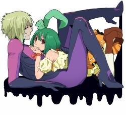 Rule 34 | 1boy, 1girl, ai-kun, brera sterne, brother and sister, cero (cerocero), detached sleeves, frown, green hair, hand on another&#039;s back, hands on another&#039;s chest, hetero, high heels, interlocked fingers, looking at viewer, lying on person, macross, macross frontier, ranka lee, red eyes, short hair, siblings, skin tight, smile