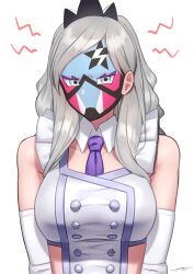 Rule 34 | 1girl, akio (kio2105), bare shoulders, buttons, collarbone, commentary request, creatures (company), detached collar, detached sleeves, double-breasted, eri (pokemon), facepaint, game freak, grey eyes, grey hair, hair behind ear, highres, long hair, looking at viewer, necktie, nintendo, parted bangs, pokemon, pokemon sv, purple necktie, simple background, solo, upper body, vest, white background