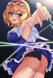 Rule 34 | 1girl, alice margatroid, armpits, ass, black panties, blonde hair, blue dress, blue eyes, blush, dark background, dress, fingernails, frilled dress, frills, from side, gradient background, hairband, kaeranu kaeru, looking at viewer, looking to the side, open mouth, outstretched arm, panties, red hairband, simple background, solo, touhou, underwear