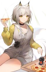 Rule 34 | 1girl, alternate costume, animal ear fluff, animal ears, arknights, black choker, bottomless, breasts, cat ears, character doll, choker, cleavage, closed mouth, doctor (arknights), food, gradient hair, green eyes, green hair, grey hair, grey jacket, highres, holding, holding food, jacket, kal&#039;tsit (arknights), large breasts, long sleeves, looking at viewer, multicolored hair, photoshop (medium), pizza, pizza box, short hair with long locks, single sidelock, sitting, solo, tabayashi, v-shaped eyebrows