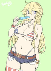 Rule 34 | 1girl, american flag bikini, american flag legwear, bikini, blonde hair, blue eyes, bosshi, bracelet, breasts, commentary request, flag print, food, food in mouth, highleg, highleg panties, highres, holding, holding food, holding popsicle, iowa (kancolle), jewelry, kantai collection, large breasts, long hair, micro bikini, micro shorts, navel, necklace, panties, popsicle, popsicle in mouth, shorts, signature, sketch, solo, star-shaped pupils, star (symbol), striped clothes, striped thighhighs, swimsuit, symbol-shaped pupils, thighhighs, underwear