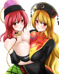 Rule 34 | 2girls, absurdres, bare shoulders, blonde hair, blush, breast press, breasts, chain, choker, cleavage, clothes writing, collarbone, derivative work, gold chain, hat, hecatia lapislazuli, highres, hisin, hug, huge breasts, junko (touhou), long hair, looking at viewer, mature female, multicolored clothes, multicolored skirt, multiple girls, off-shoulder shirt, off shoulder, open mouth, red eyes, red hair, ribbon, shirt, simple background, skirt, symmetrical docking, tabard, tassel, touhou, upper body, very long hair, white background, wide sleeves