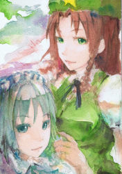 Rule 34 | 2girls, braid, dress, eyelashes, female focus, first forest, graphite (medium), green dress, green eyes, grey eyes, hand in own hair, hat, hong meiling, izayoi sakuya, lips, long hair, looking at viewer, maid headdress, multicolored background, multiple girls, painting (medium), red hair, short hair, short sleeves, silver hair, star (symbol), touhou, traditional media, watercolor (medium)