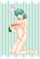 Rule 34 | 1girl, alice soft, animal ears, bad id, bad pixiv id, blue eyes, bow, breasts, carrot, covering privates, covering breasts, earrings, galzoo island, garter belt, green hair, hair bow, heart, high heels, hiyoshi hana, jewelry, kneeling, kyankyan, leotard, lingerie, rabbit ears, rabbit tail, see-through, shoes, short hair, smile, solo, soujirou (m world), tail, teddy (lingerie), thighhighs