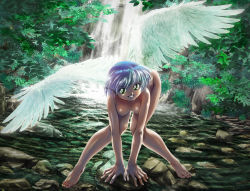 Rule 34 | 1girl, angel, angel wings, ashibe ryou, ashibe tooru, barefoot, bent over, blue hair, breasts, dryad, feet, green eyes, grin, large breasts, looking at viewer, nature, nipples, nude, outdoors, pointy ears, rock, short hair, smile, solo, stream, toes, tree, water, waterfall, wings, zenra