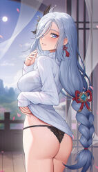 Rule 34 | 1girl, ass, black panties, blue eyes, blush, braid, breasts, from behind, full moon, genshin impact, grey hair, hair ornament, hayate (leaf98k), highres, large breasts, long hair, long sleeves, looking at viewer, looking back, low-braided long hair, low-tied long hair, moon, panties, parted lips, shenhe (genshin impact), smile, solo, sweater, torn clothes, underwear, white sweater