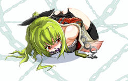 Rule 34 | 1girl, arms behind back, ass, ball gag, bare shoulders, bdsm, black thighhighs, blazing souls, bondage, bondage mittens, bound, bow, breasts, crying, crying with eyes open, gag, gagged, garter straps, green hair, hair bow, hartman, lisa (blazing souls), long hair, panties, ponytail, red eyes, solo, spectral (series), tears, thighhighs, top-down bottom-up, underwear, wiffle gag