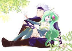 Rule 34 | 1boy, 1girl, absurdres, aged up, breasts, cleavage, closed mouth, dated, dress, earrings, edward geraldine, final fantasy, final fantasy iv, full body, green hair, hair ornament, highres, jewelry, long hair, medium breasts, nekomrao, open mouth, rydia (ff4), smile