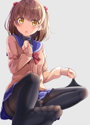 Rule 34 | 1girl, :o, ashida machi, black pantyhose, blue skirt, bow, bowtie, brown hair, brown jacket, clothes tug, feet, grey background, gurande (g-size), hair bobbles, hair ornament, hand on own chest, highres, jacket, long sleeves, looking at viewer, miniskirt, no shoes, open mouth, original, pantyhose, pantyhose tug, plaid, plaid bow, plaid bowtie, plaid neckwear, red bow, red bowtie, short hair, simple background, sitting, skirt, sleeves past wrists, solo, tareme, thighband pantyhose, toes, two side up, yellow eyes