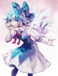 Rule 34 | 1girl, arlmuffin, blue bow, blue dress, blue eyes, blue hair, bow, cirno, cirno day, commentary, dated, detached wings, dress, english commentary, gradient background, grin, hair bow, hand up, ice, ice wings, medium hair, neck ribbon, red neckwear, ribbon, shirt, smile, touhou, white background, white shirt, wings