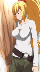 Rule 34 | 1girl, absurdres, blonde hair, breasts, closed eyes, commentary request, curtains, green pants, gundam, gundam tekketsu no orphans, highres, impossible clothes, kudelia aina bernstein, large breasts, long hair, long sleeves, pants, ponytail, scrunchie, shirt, solo, swept bangs, tonotyama, white shirt
