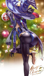 Rule 34 | 1girl, ass, black hair, blue hat, brown pantyhose, christmas ornaments, christmas tree, english text, from behind, genshin impact, hat, high heels, highres, kneepits, looking away, mona (genshin impact), pantyhose, simple background, solo, thighs, uenoryoma, white background, witch hat