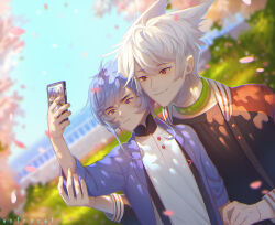 Rule 34 | 2boys, animal ears, artist name, astrocatsama, black collar, black jacket, black shirt, blue cardigan, blue hair, blue sky, blue sleeves, bridge, buttons, cardigan, cat ears, cellphone, cherry blossoms, closed mouth, coattails, coda (astrocatsama), collar, collarbone, collared cardigan, collared shirt, commentary, day, dutch angle, english commentary, falling petals, fingernails, furrowed brow, green collar, hand on another&#039;s arm, high collar, highres, holding, holding another&#039;s arm, holding phone, jacket, jersey, light frown, light smile, long sleeves, looking at object, male focus, multiple boys, open cardigan, open clothes, open jacket, original, outdoors, petals, phone, red eyes, red sleeves, selfie, shirt, short hair, short hair with long locks, sky, sleeves past elbows, smartphone, summer, taking picture, thick eyebrows, tree, unova (astrocatsama), upper body, white hair, white shirt, yaoi