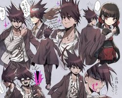 Rule 34 | !, ..., 1boy, 1girl, aoki (fumomo), arm up, black skirt, blood, blood on face, brown hair, collarbone, commentary request, danganronpa (series), danganronpa v3: killing harmony, facial hair, goatee, hair ornament, hair scrunchie, harukawa maki, jacket, long hair, looking at viewer, low twintails, male focus, mole, mole under eye, momota kaito, multiple views, open clothes, open shirt, pants, pink blood, pink jacket, pleated skirt, red eyes, red legwear, red scrunchie, school uniform, scrunchie, shirt, skirt, smile, sparkle, spoken ellipsis, translation request, twintails, white shirt