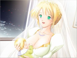 Rule 34 | 1girl, age difference, ail soft, akehime saki, baby, blonde hair, blush, breastfeeding, breast slip, breasts, bridal veil, bride, cityscape, cleavage, dress, game cg, green eyes, hair up, happy, huge breasts, jewelry, kyouhaku 2, lactation, large breasts, necklace, one breast out, ribahara aki, sasayama, smile, solo, veil, wedding dress, window